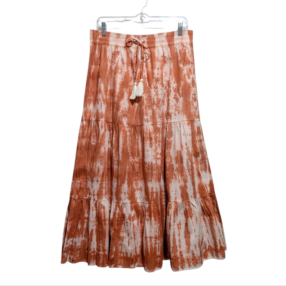 New Directions Linen Blend Elastic Waist Bohemian Tye Dye Maxi Skirt Size L